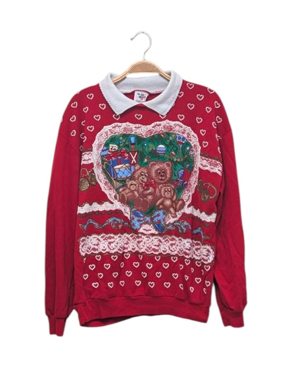 Vintage Nutcracker Red Christmas Teddy Bear Collared Grandma Sweatshirt Medium